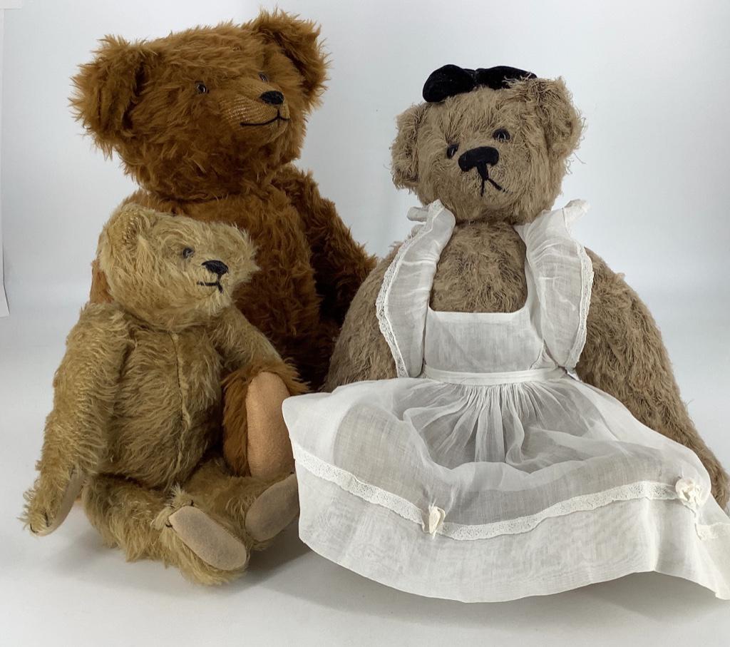 (3) jointed teddy bears including artist made 17" with (1 of 2)