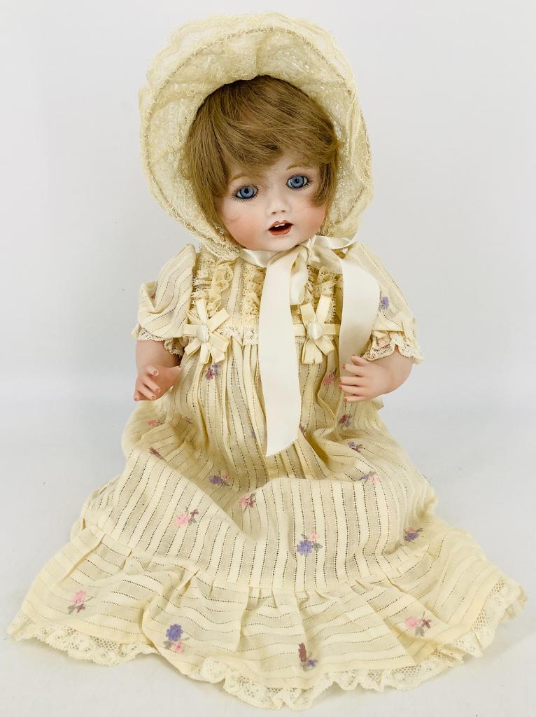 15" artist made all porcelain reproduction Kestner: 15" artist made all porcelain reproduction Kestner Hilda baby; on 5-piece bent knee baby body.wearing ivory dress with small embroidered flowers.