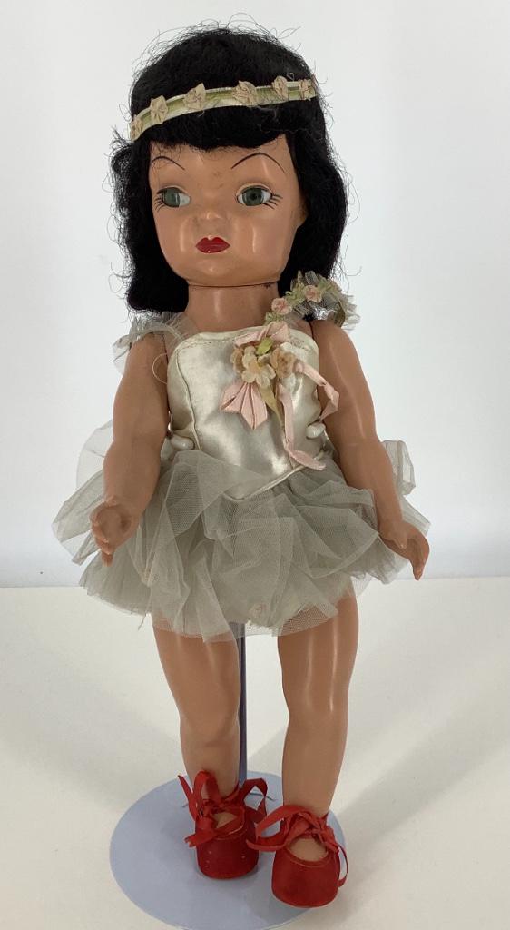 17" vintage hard plastic walker Mary Jane with raven: 17" vintage hard plastic walker Mary Jane with raven black hair and molded lashes wearing ballerina costume. Eyes do not sleep.