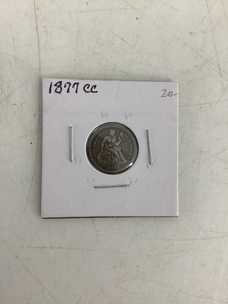 1877-CC Seated Liberty Dime: 90% fine silver, not a professionally graded coin, "CC" mint mark (from the Carson City mint). Antique United States dime.