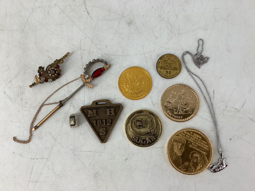 Lot of Vintage Tokens and Accessories: Lot of Vintage Tokens and Accessories Six tokens including Boy Scouts and Reader's Digests designs. Small 10kt white gold pin 13.25mm in length with engraved edgework and phonetic monogram in center (