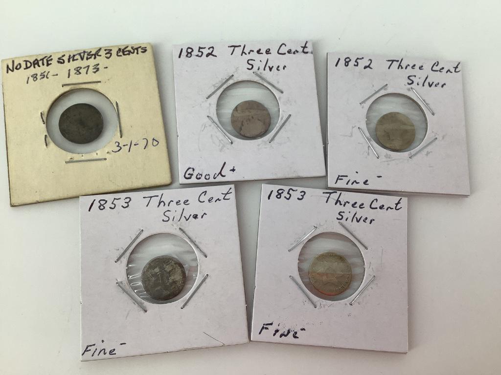 Five U.S. Silver Three Cent Coins (1 of 6)