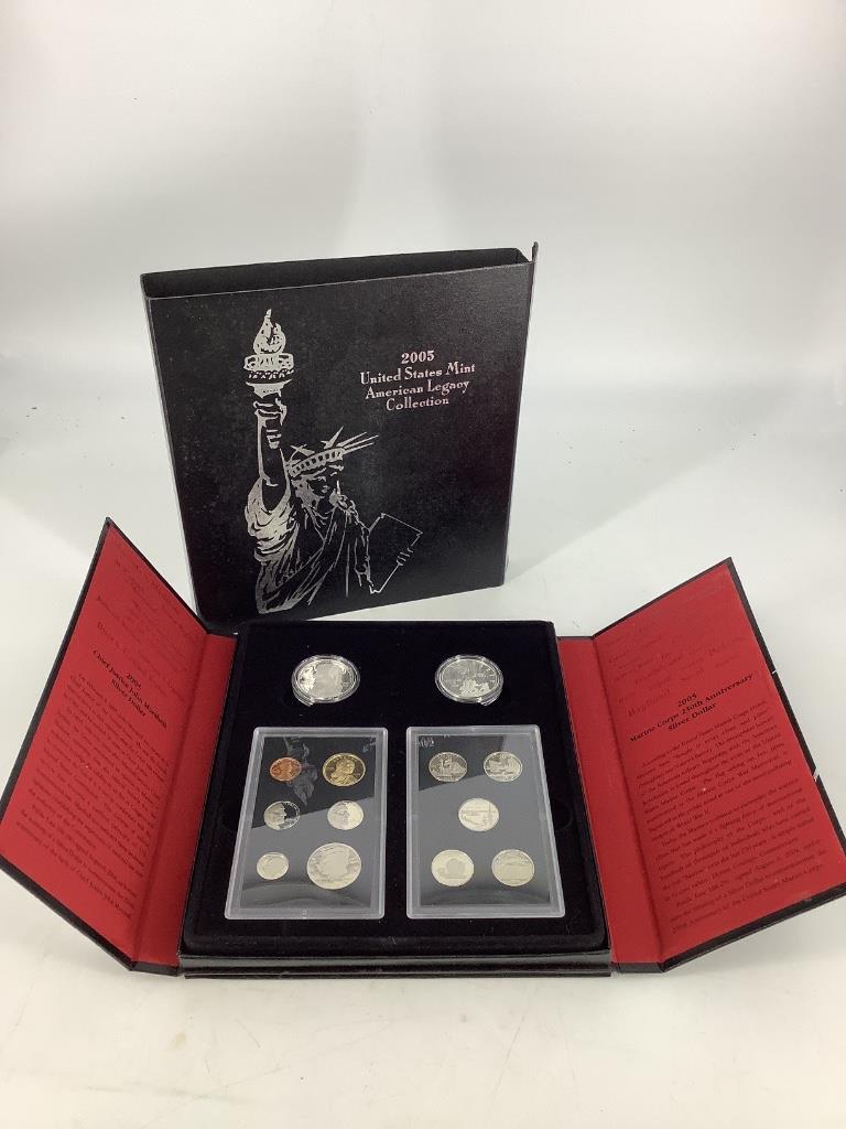 2005 United States Mint Proof Set: 2005 United States Mint Proof Set Mostly from the San Francisco mint, includes two 90% silver dollar commemorative proof coins (Chief Justice John Marshall and Marine Corps), thirteen coin proof set i