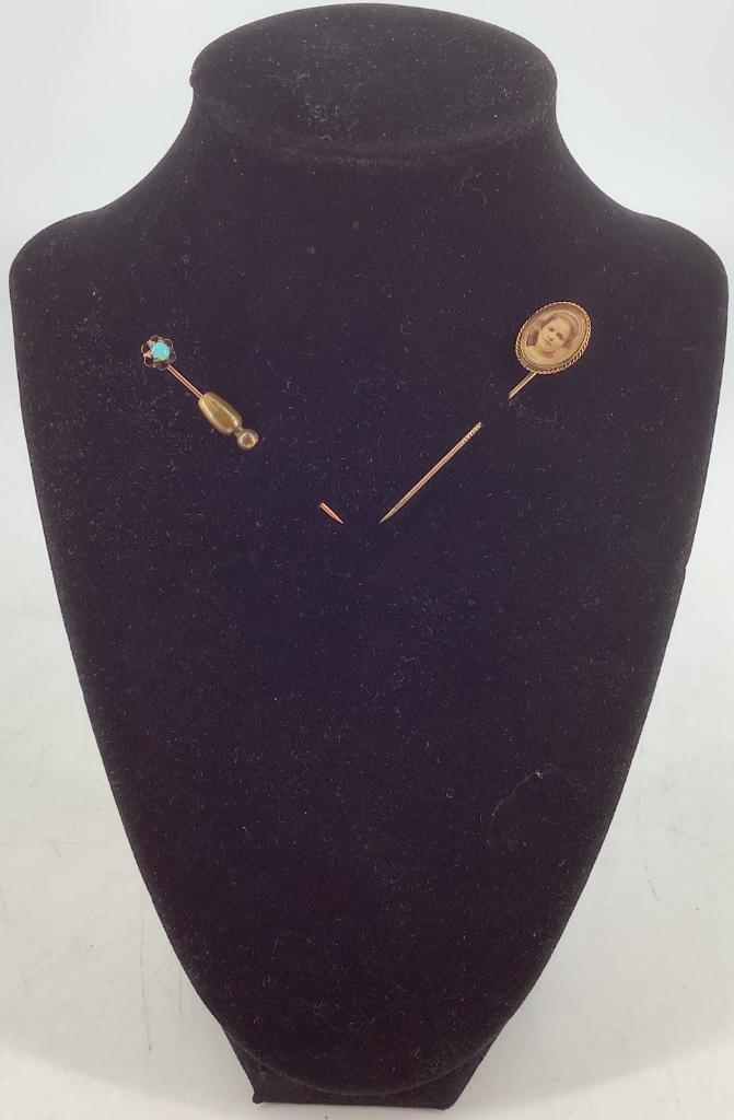 Vintage / Antique Gold Filled Stick Pins: Vintage / Antique Gold Filled Stick Pins 2” stick pin featuring an opal cabochon center stone (approx. 3.6 mm) with strong blur, green and yellow pinfire and one 2.5” locket style stick pi