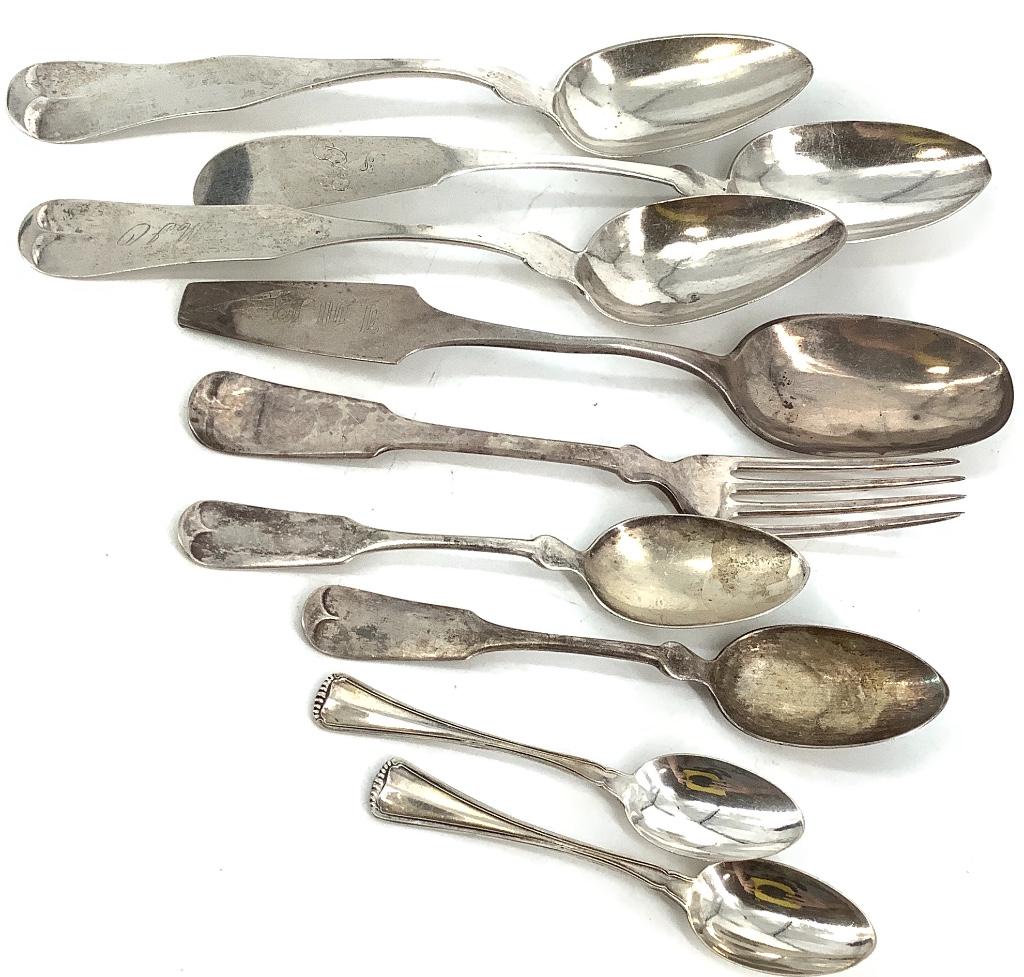 80% Coin Silver Grade Serveware: 80% Coin Silver Grade Serveware Nine pieces in total including four serving spins, two table spoons, one dinner fork ad two teaspoons, all pieces tested (8.9 troy oz tw)