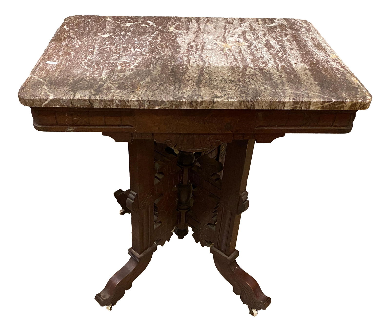Walnut Victorian parlor table with brown marble top. (1 of 4)