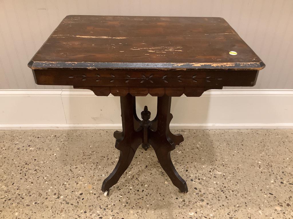 Victorian parlor table, 30â€ x 22â€ x 29â€. Missing: Victorian parlor table, 30” x 22” x 29”. Missing piece of trim on one side.