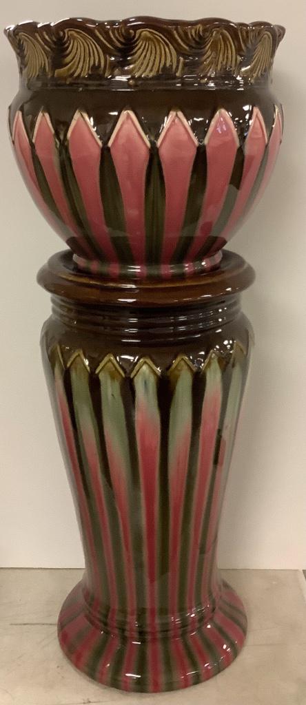 Zanesville pottery Jardiniere and base, chips on (1 of 3)