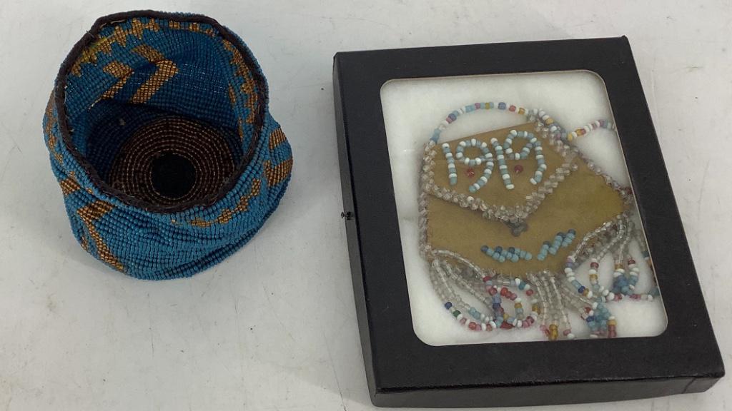 Beaded basket and a mini leather bag with beads. (1 of 1)