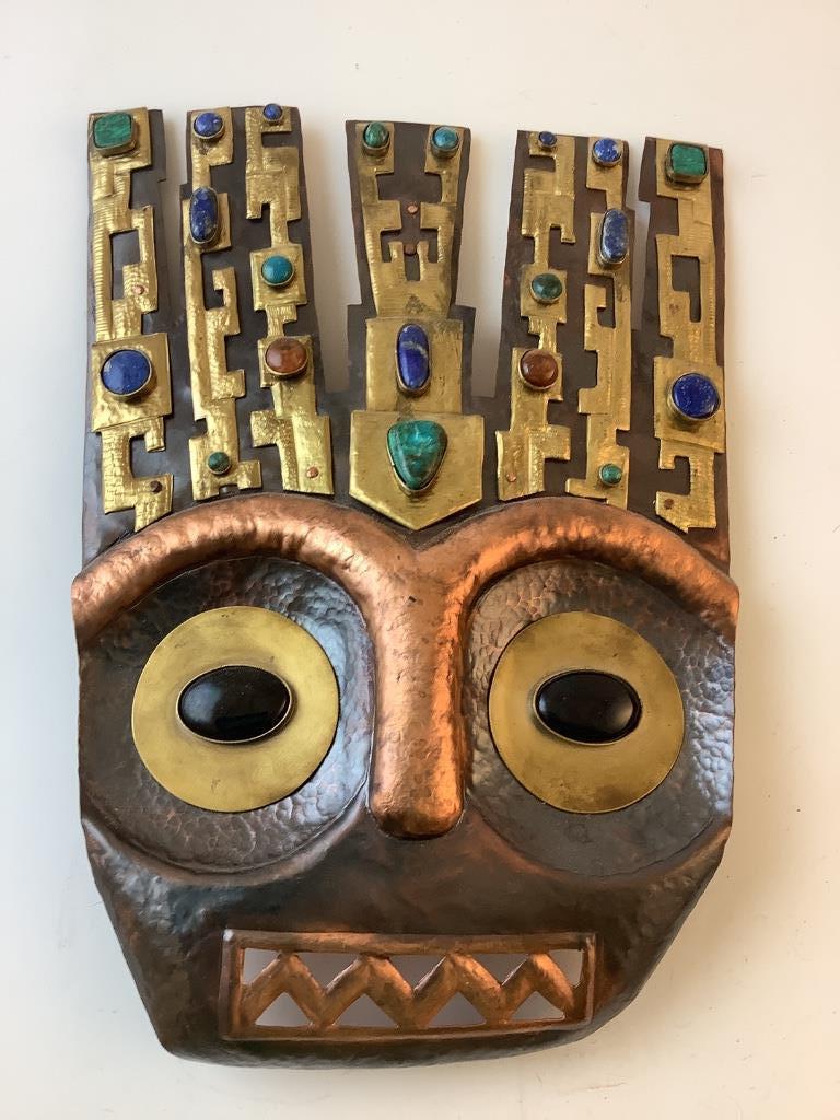Copper mask wall hanging with polished stones, 8.5” x (1 of 5)