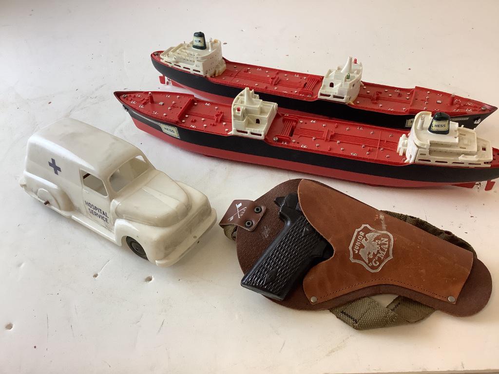 Lot of toys including; Hess boats, cap gun.: Lot of toys including; Hess boats, cap gun.