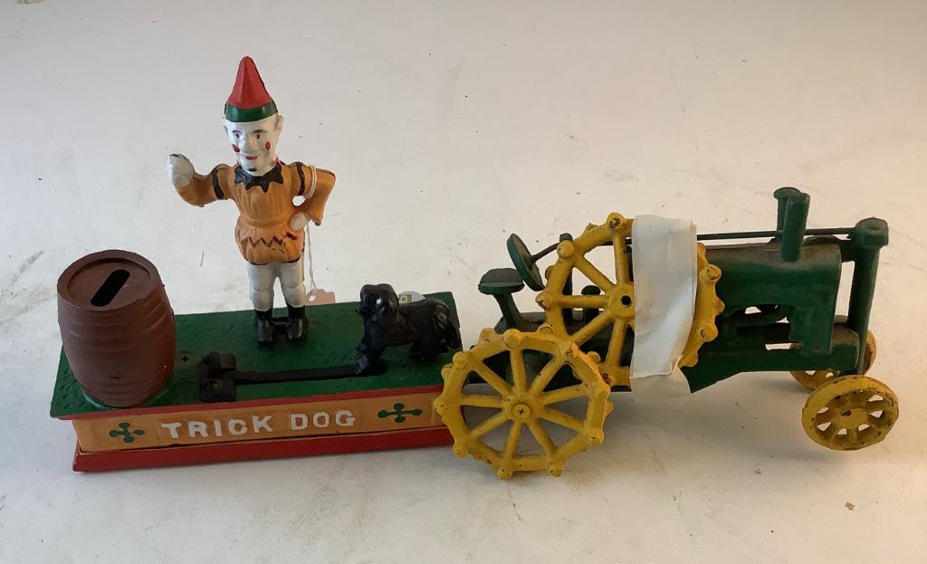 Cast iron reproduction trick dog bank, 8” long. Cast (1 of 2)