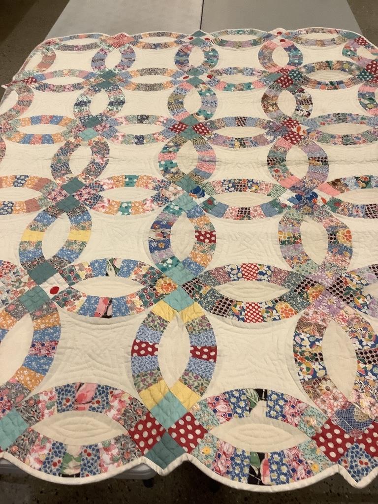Patchwork quilt double wedding ring some stains 65” x (1 of 5)
