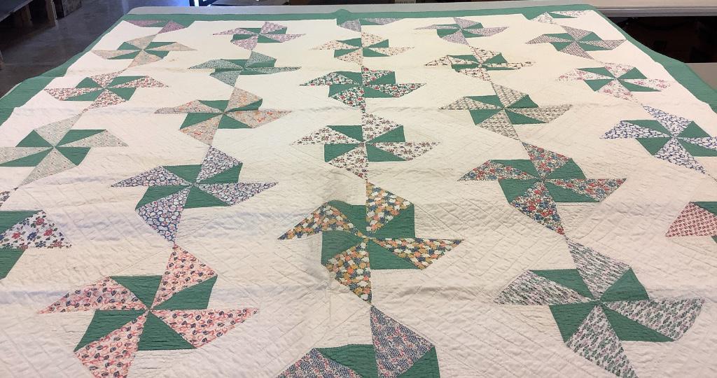 Patchwork quilt 76" x 77" some staining, some wear. (1 of 3)