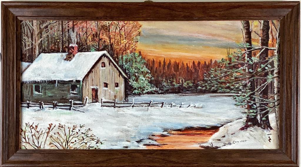 Acrylic on board, winter scene with barn. Signed D. (1 of 1)