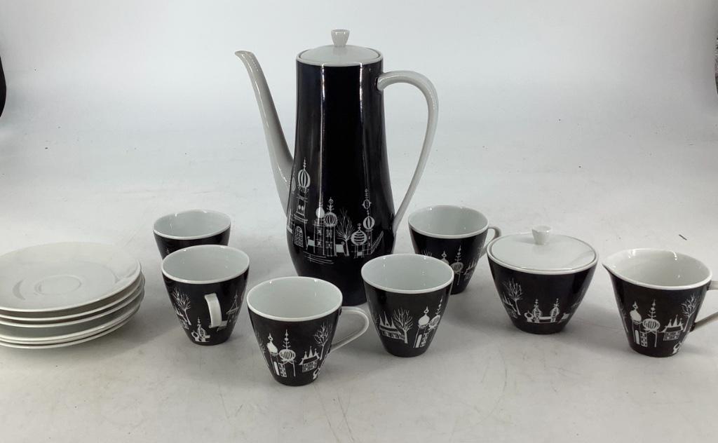 Black and white porcelain tea set, 5 cups, 6 saucers, (1 of 2)