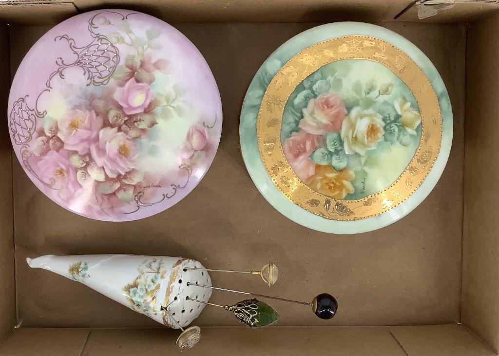 Lot of hat pins and holder that has been glued together: Lot of hat pins and holder that has been glued together and two Limoges France Dresser Box’s.