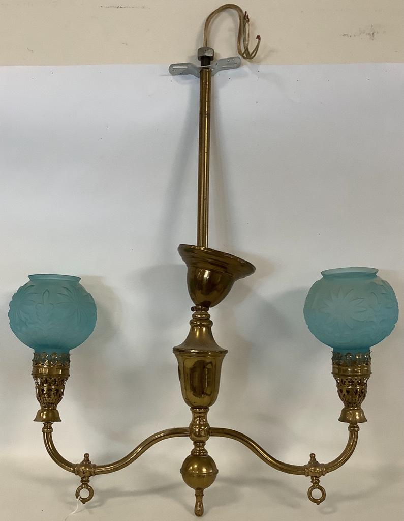 Decorative brass hanging lamp with blue flower glass (1 of 2)