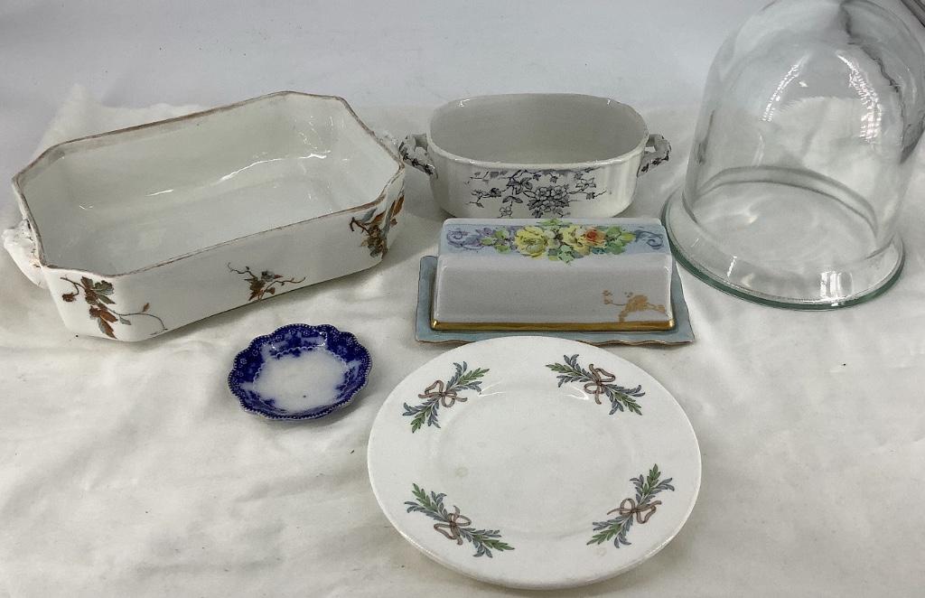 Box lot of decorative ceramics including glass dome. (1 of 3)