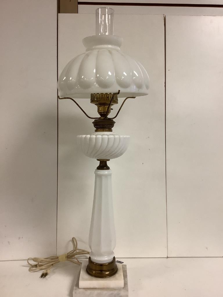 Milk glass table lamp with glass shade. 32 inches tall. (1 of 1)