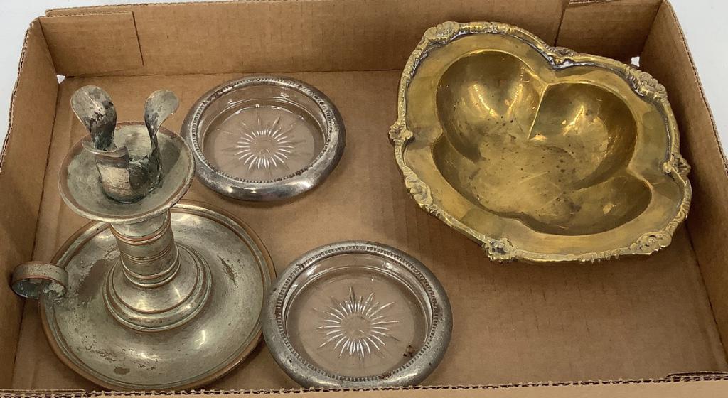 Box lot including candlestick holder, Brass bowl and 2 (1 of 1)