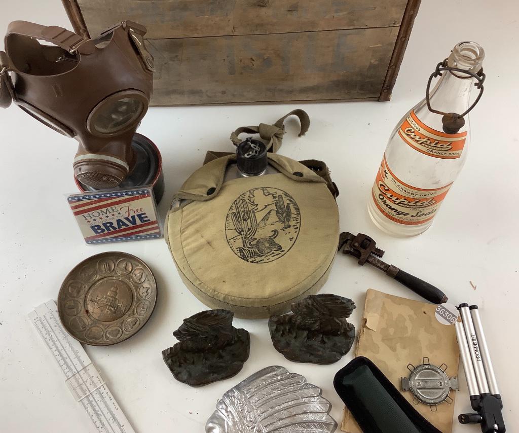 Lot of Assorted items. Gas mask, canteen, 2 Native (1 of 2)