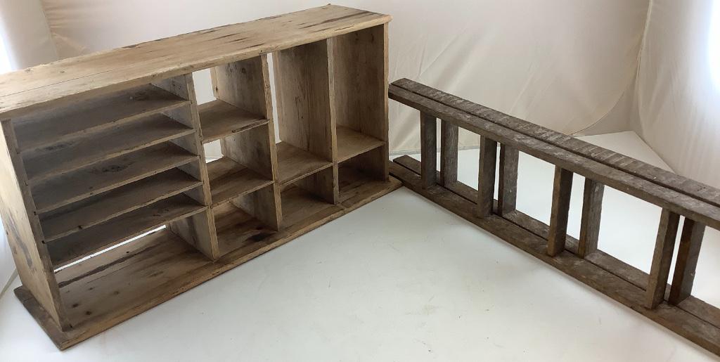 Two small step ladders 3 feet long 7 inches wide.: Two small step ladders 3 feet long 7 inches wide. Display shelf 26”long 13”high