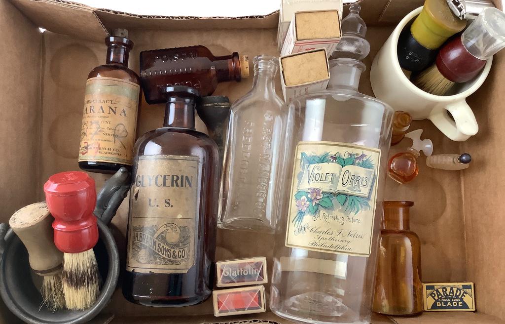 Lot of Shaving mugs and shaving brushes and Assortment: Lot of Shaving mugs and shaving brushes and Assortment of old bottles.