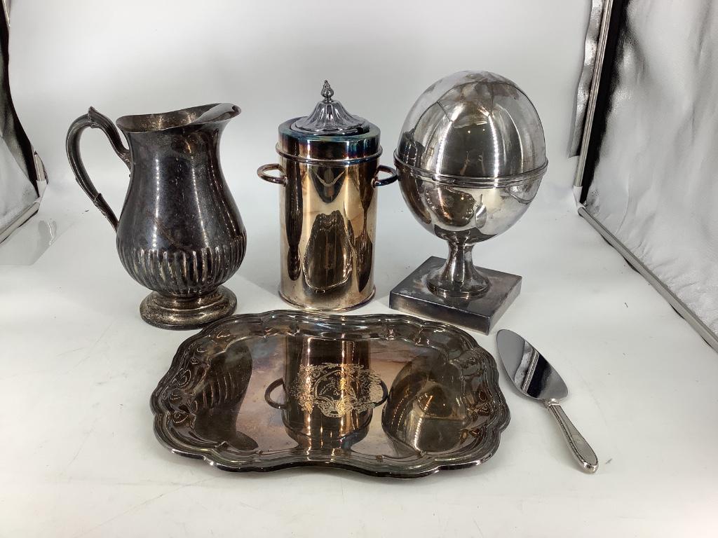 Lot of 5 silver plate pieces including tray, pitcher, (1 of 3)