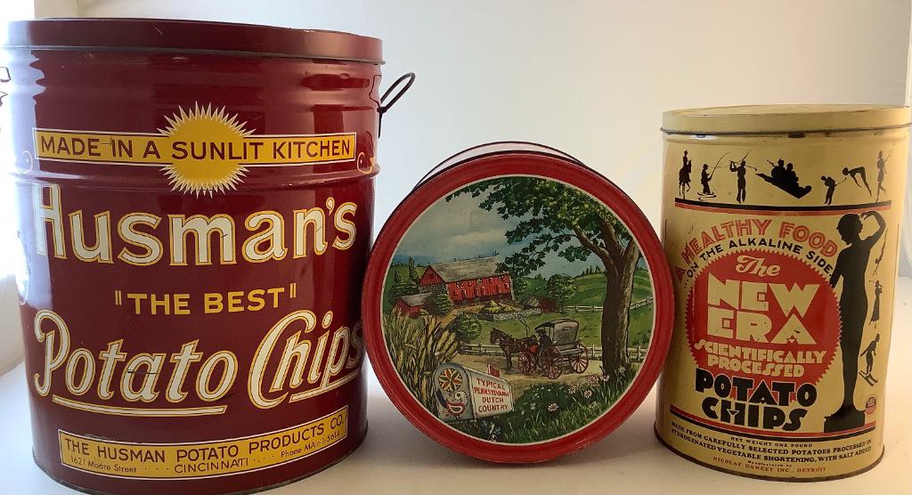 Assortment of tin cans, Husman’s Potato Chips 14”, (1 of 1)