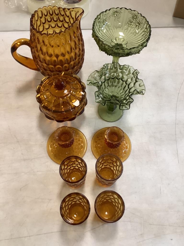 Box lot amber and green glass. Beverage set is marked (1 of 2)