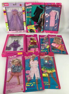 10 various Barbie (in box) outfits- Barbie Glamour Gown: 10 various Barbie (in box) outfits- Barbie Glamour Gown has cardboard loose (pink & purple gown)