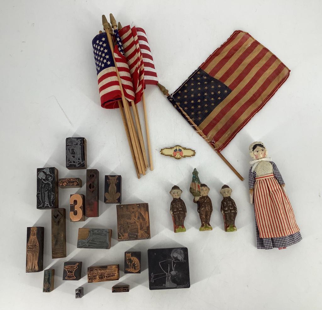 Lot including a 6 1/2â€ tall wood Betsy Ross Doll with (1 of 5)