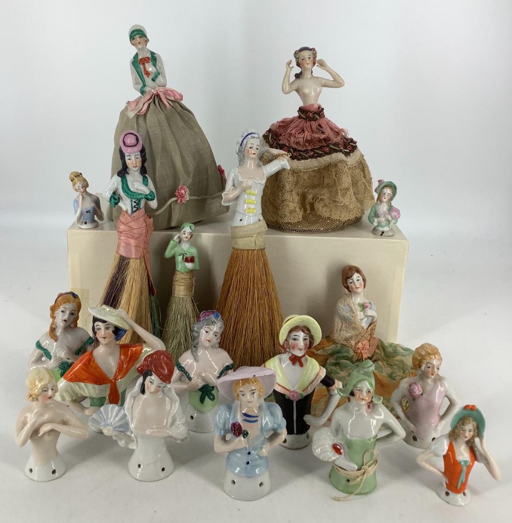 Lot including 6 china half dolls, (3 broom), and china (1 of 2)