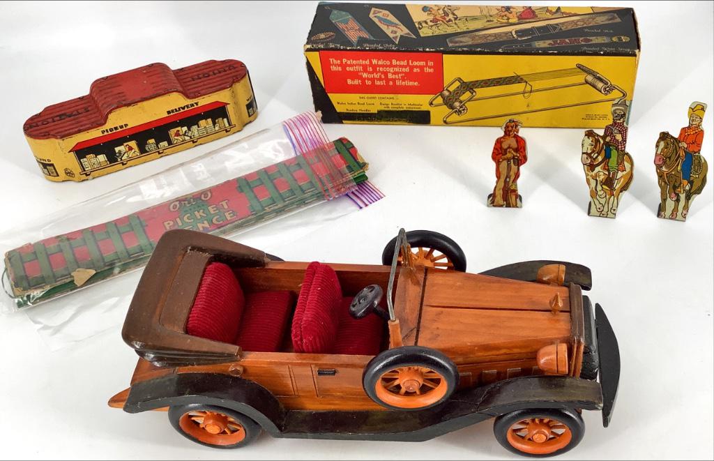 Lot including wood car, tin train station, Walco Indian (1 of 1)