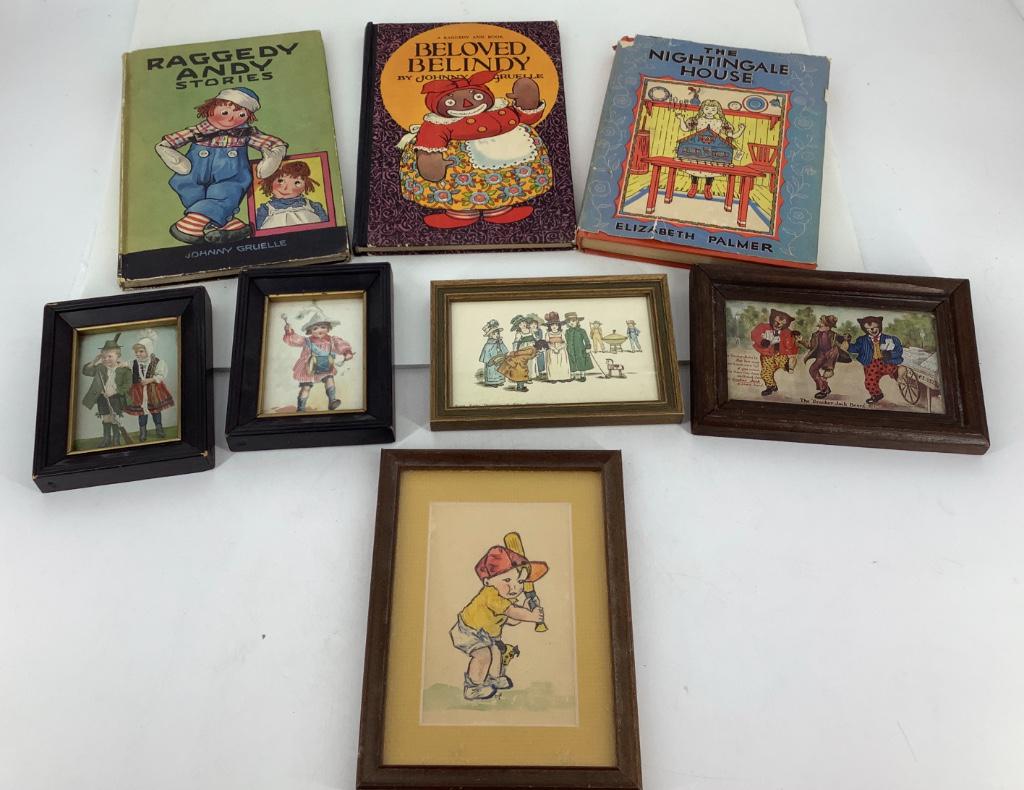 Lot including 3 books, Raggedy Ann Beloved Belinda,: Lot including 3 books, Raggedy Ann Beloved Belinda, Raggedy Andy Stories and The Nightingale House, and several pictures including The Cracker Jack Bears No. 6, Early Drawings of Kate Greenaway and Sw
