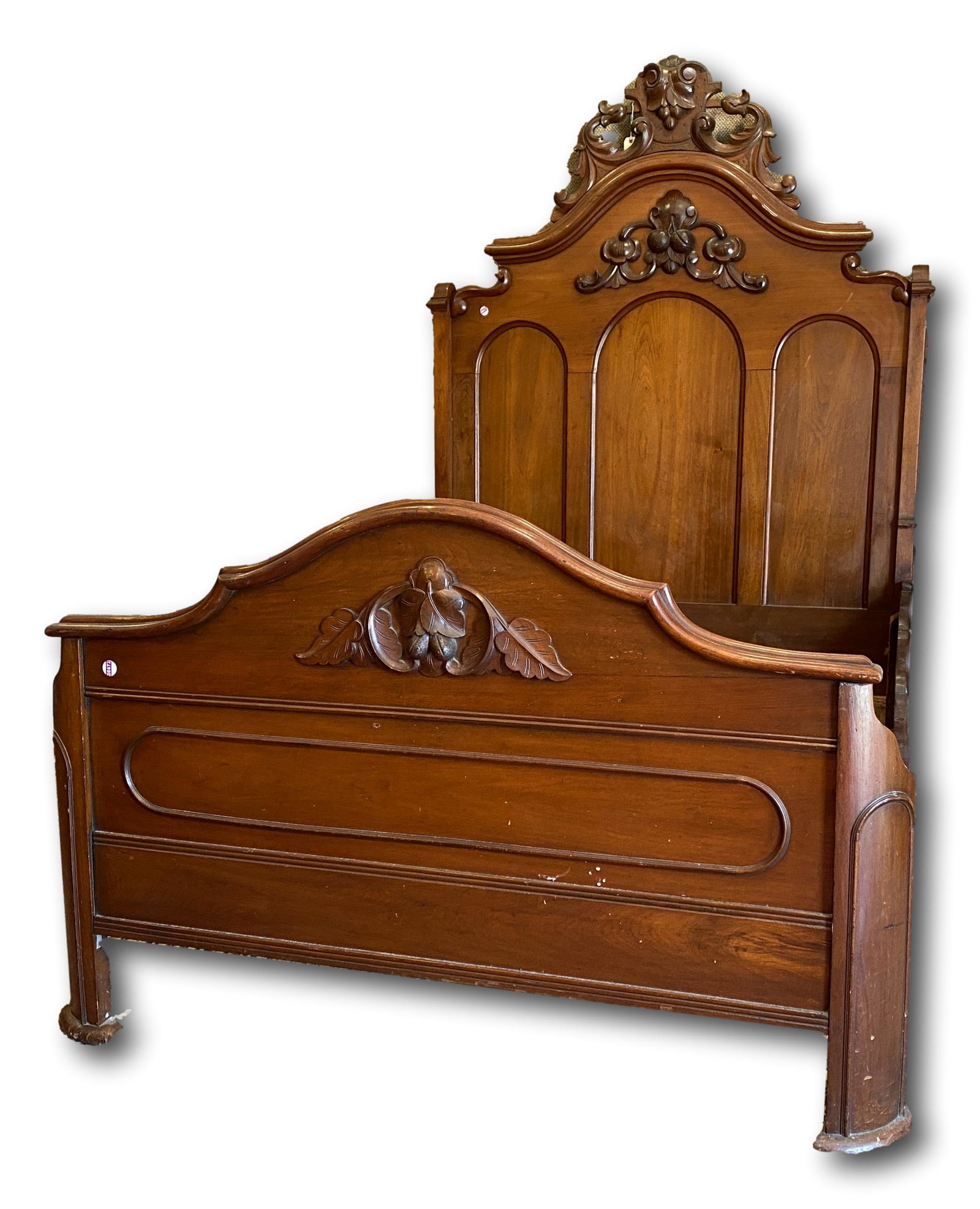 Walnut Victorian bed with nut carved crest. Full size, (1 of 5)