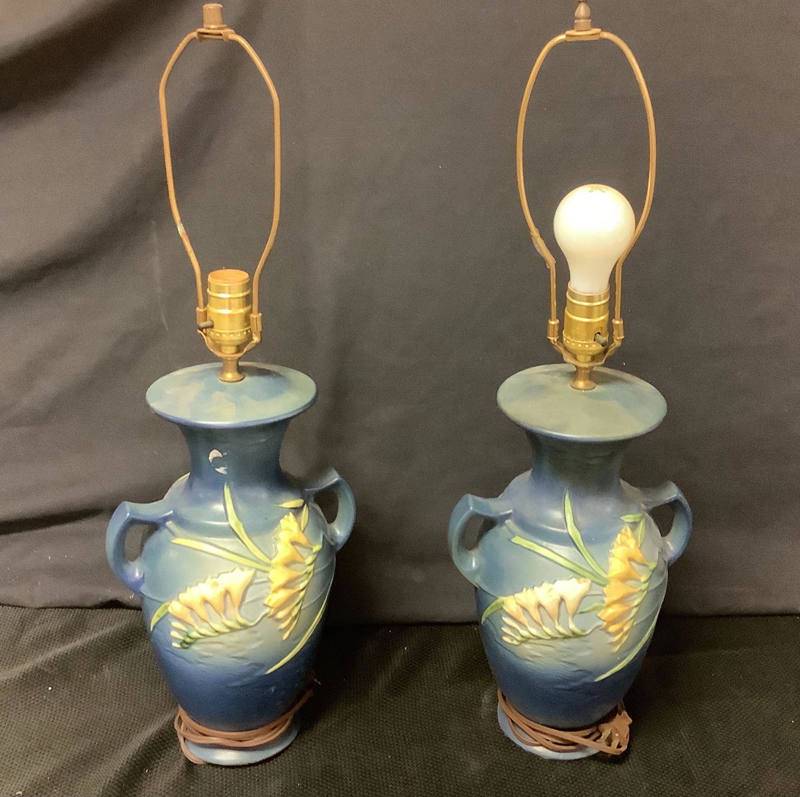 Pair of Roseville Pottery Blue Freesia lamps. 24â€ (1 of 1)