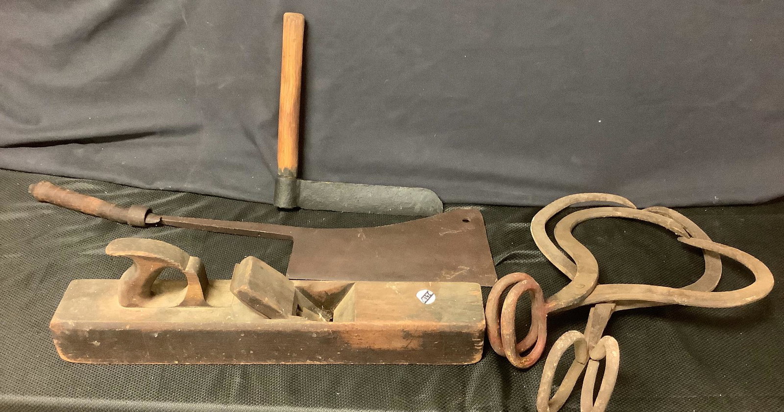 Lot including ice tongs and large wooden plane: Lot including ice tongs and large wooden plane