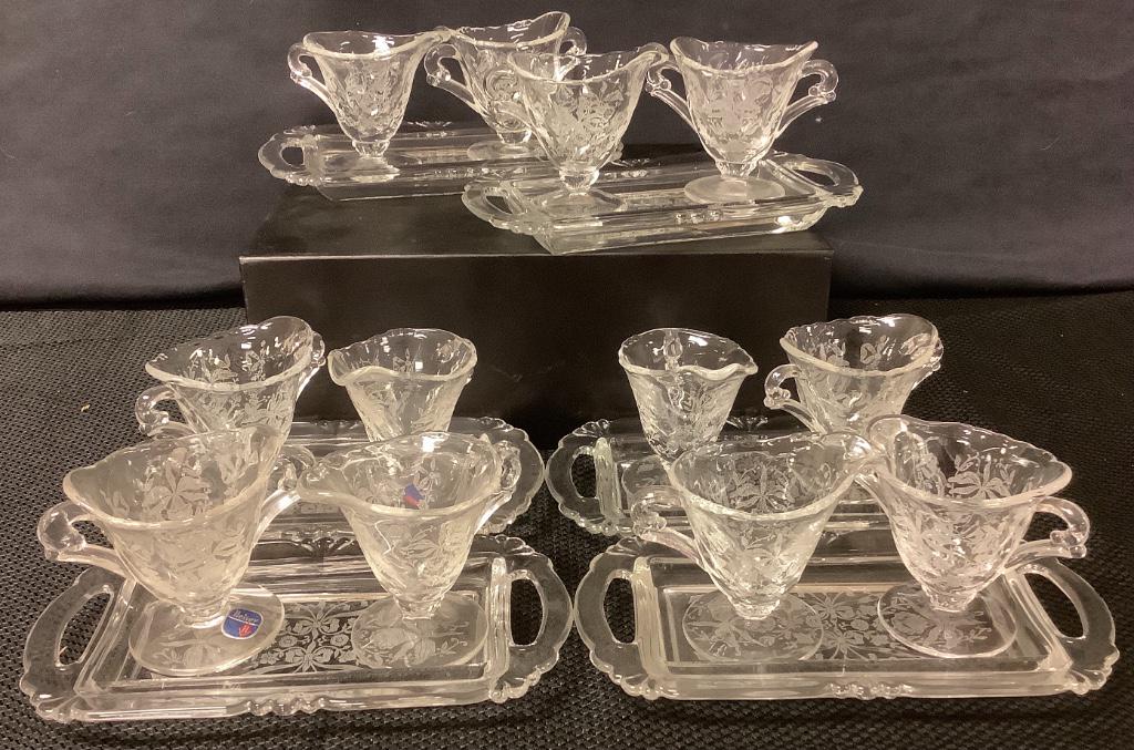 Lot of Heisey Orchid Etched individual 6 pc cream and: Lot of Heisey Orchid Etched individual 6 pc cream and sugar, including tray .