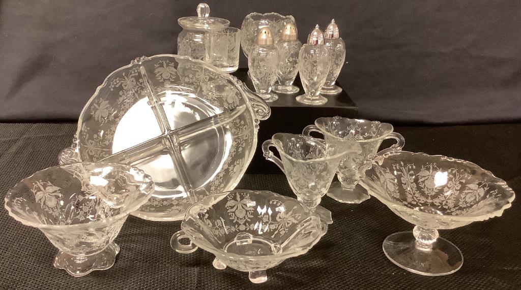 Lot 13 pieces of Heisey Orchid Etched 9â€ round relish (1 of 2)