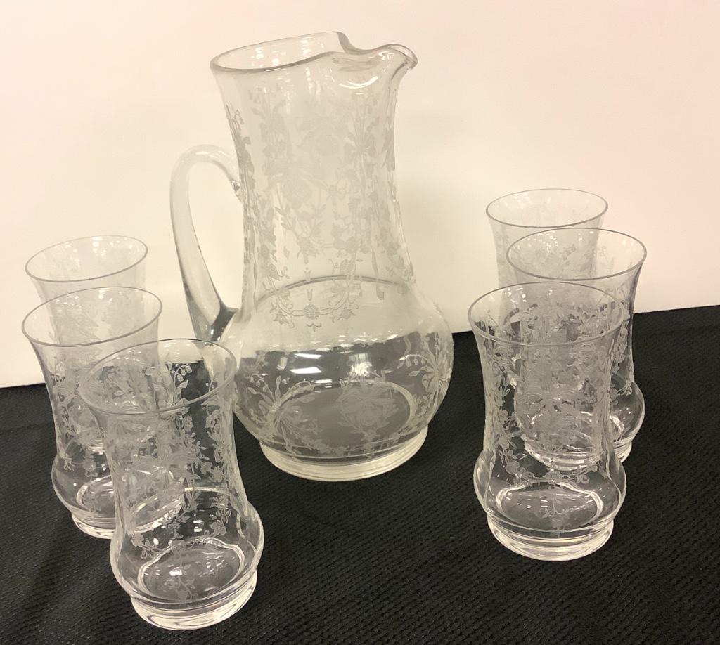 Heisey orchid etch 10â€ Pitcher with six tumblers (1 of 1)