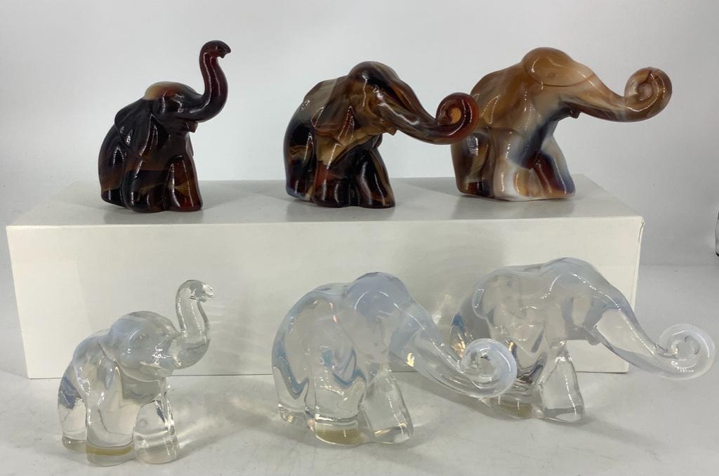 3 Heisey HCA Opalescence elephants and 3 Caramel slag (1 of 1)