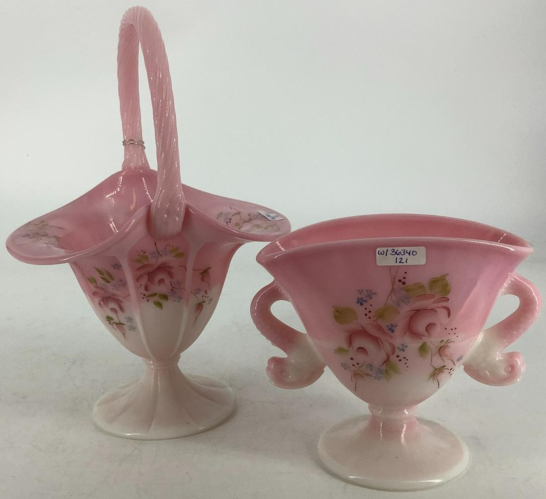 2 pink rose Fenton pieces including 10.5â€ basket and (1 of 3)