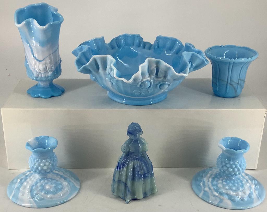 Lot of Fenton mixed blue/white milk glass including (1 of 6)