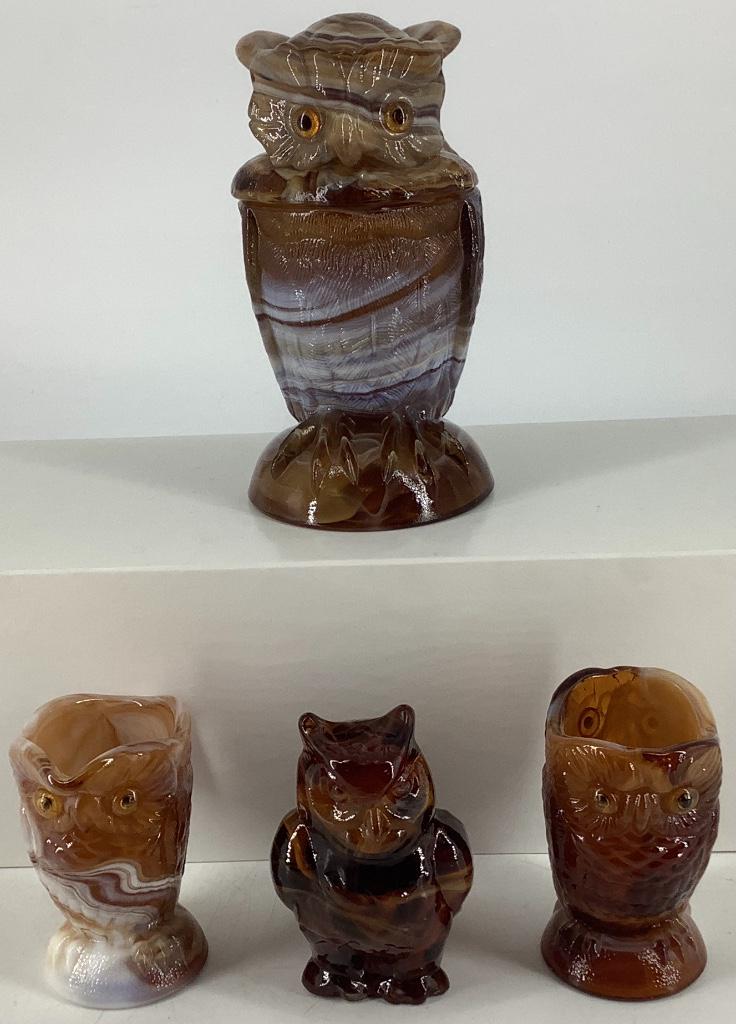 Lot of 4 Imperial caramel slag pieces including owl jar: Lot of 4 Imperial caramel slag pieces including owl jar w/ lid. Ranging from 3.5”-6”.