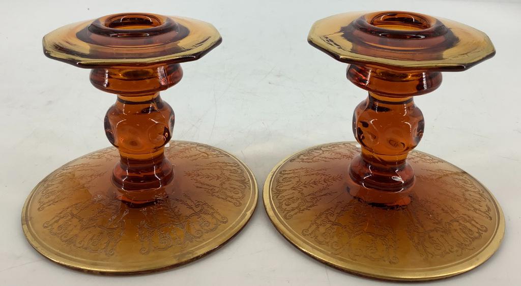 Cambridge glass pair of Martha Washington amber Candles (1 of 1)
