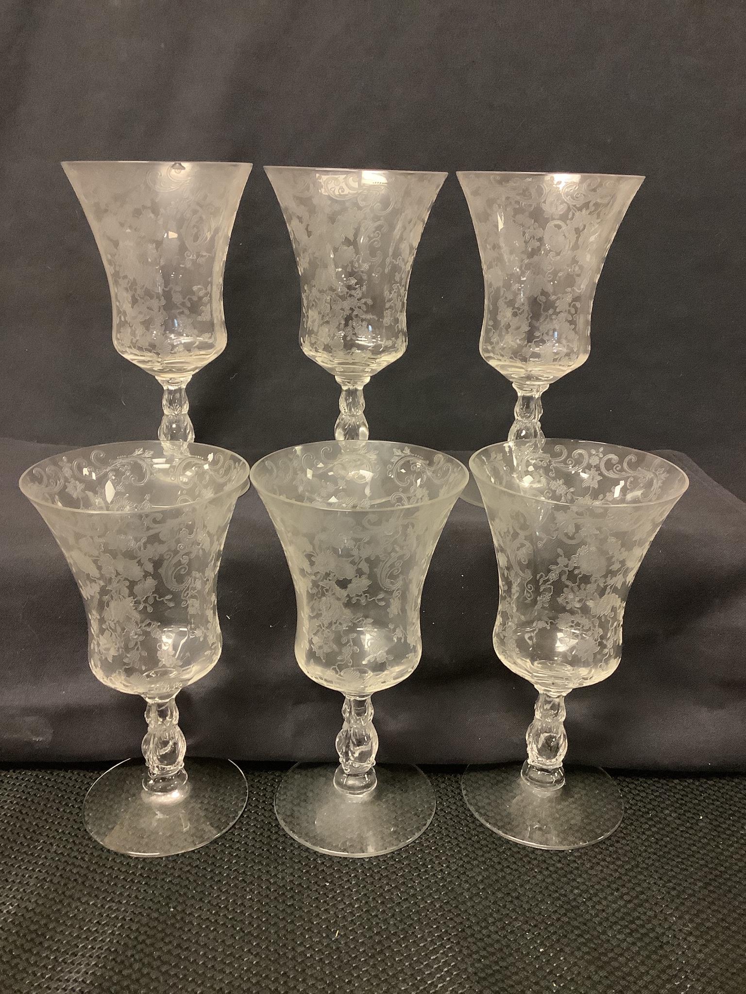 6 Cambridge etched water goblets (1 of 2)