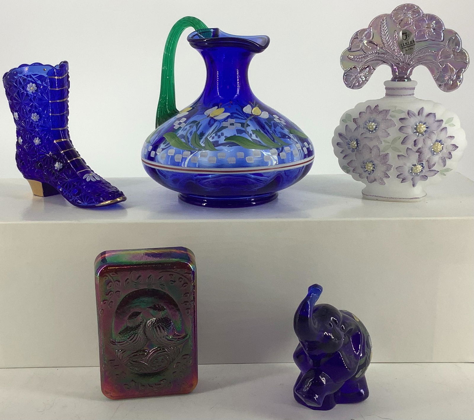 Lot of 5 Fenton pieces including Designer Showcase: Lot of 5 Fenton pieces including Designer Showcase Series small pitcher with matching boot and elephant.