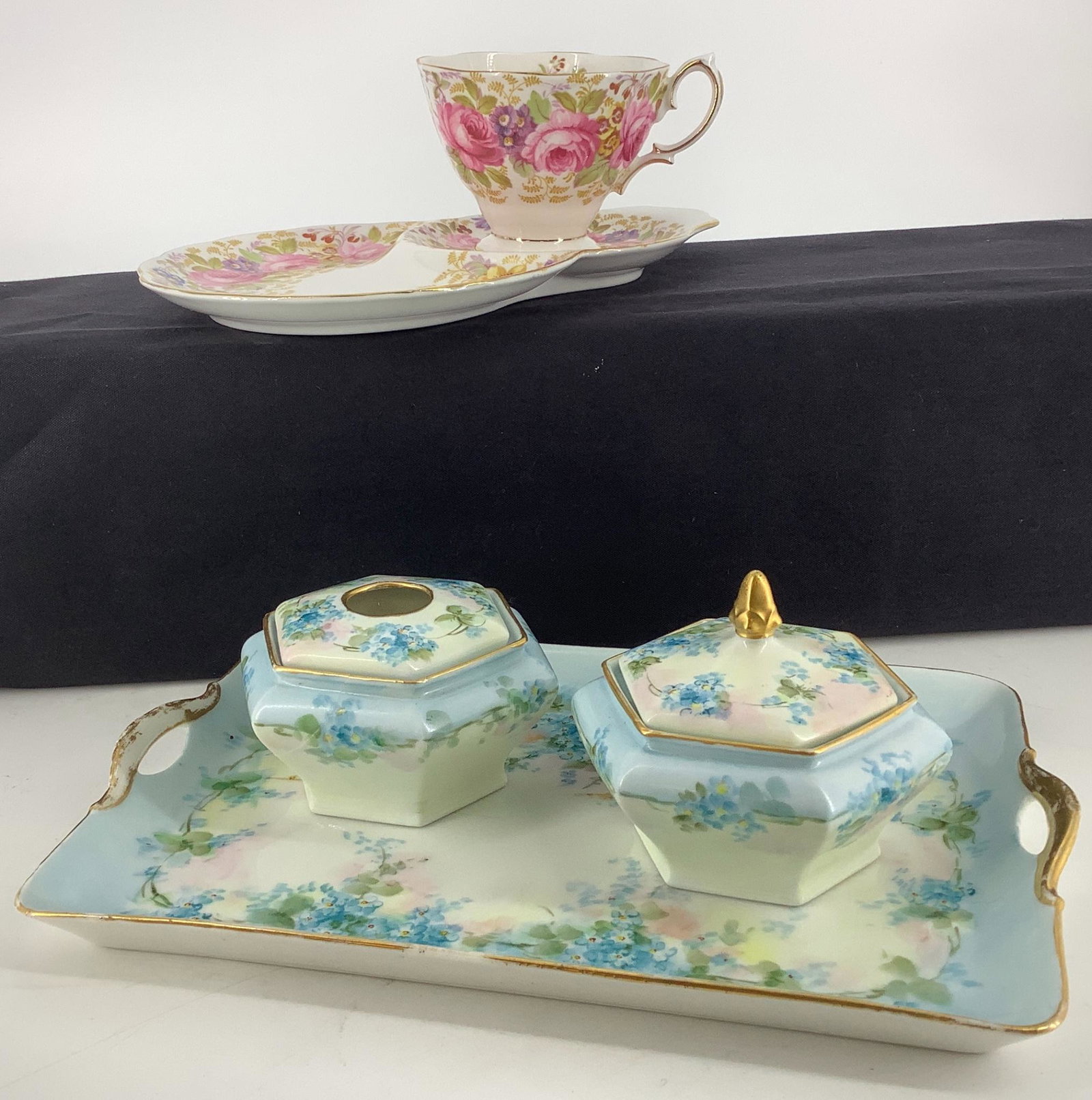 R&S of Germany dresser top tray and jars. 6 cups and: R&S of Germany dresser top tray and jars. 6 cups and snack plates from Royal Albert, Setens.